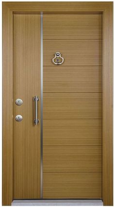 a wooden door with metal handles and two knobs on the front doors, both side by side