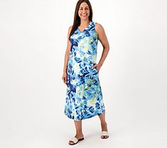 Feel the sunshine on your shoulders as you don this sleeveless tank dress. Awash in a colorful-yet-understated pattern, it's just right for a trip to your local eatery, checking out the sights at the city center, or an early evening stroll on the boardwalk during your beach vacation. From Denim & Co.® Fashions. Sleeveless Summer Midi Dress With Side Slits, Sleeveless Summer Dresses With Side Slits, Sleeveless Midi Dress With Side Slits For Vacation, Casual Vacation Dresses With Side Slits, Casual Sleeveless Dress With Side Slits For Spring, Sleeveless Beach Dresses With Side Slits, Sleeveless Dresses With Side Slits For Beach Season, Casual Vacation Dress For Daywear, Casual Daywear Dress For Vacation