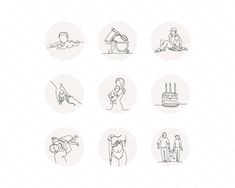 six hand drawn icons depicting different people and things in the shape of circles, with one person holding a cake