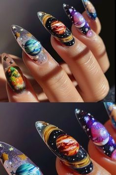 Nail Art Maximalist, Galaxy Nail Art Designs, Sculpted Nail Art, Mood Ring Nails, Space Nails Design, Solar System Nails, Space Theme Nails, Cosmic Nail Art, Chakra Nail Art