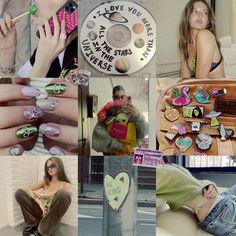 a collage of photos with various items and people in them, such as buttons