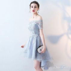 Off the shoulder Grey Lace Appliqued High Low Homecoming Dresses with Short Sleeves,apd2666-SheerGirl Off Shoulder Bridesmaid, Off Shoulder Bridesmaid Dress, High Low Bridesmaid Dresses, High Low Prom Dress, Silver Bridesmaid Dresses, Hi Friend, Wedding Party Bridesmaid, Professional Dress, Tulle Bridesmaid Dress