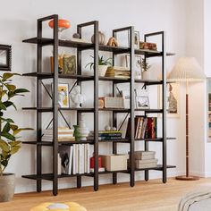 a living room filled with furniture and a book shelf next to a plant on top of a hard wood floor