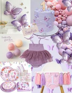 a purple and pink themed birthday party with balloons, plates, napkins, cake and decorations