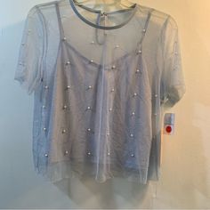 Great Condition! Nwt !! Size - Medium Pale Blue Spaghetti Strap Top With Tulle & Faux Pearl Overlay Unique Pearl Overlay Polyester And Nylon Made In China Make An Offer ! Blue Overlay, Overlay Blouse, Clothing Aesthetic, Spaghetti Strap Top, Strap Top, Pale Blue, Faux Pearl, Spaghetti Strap, Spaghetti