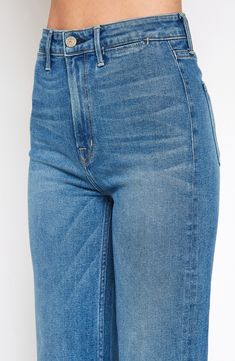 A flattering high waist and wide-leg silhouette lend of-the-moment appeal to medium-blue denim jeans that will elevate your trendsetting look. 29 1/2" inseam; 25" leg opening; 13 1/4" front rise; 17" back rise 99% cotton, 1% Lycra® spandex Machine wash, tumble dry Made in the USA of imported fabric Modern Mid-rise Blue Flare Jeans, Modern Blue Mid-rise Flare Jeans, Modern High Waist Medium Wash Flare Jeans, Jumpsuit Jacket, Kick Flares, Blue Denim Jeans, Independent Designers Fashion, Classic Blue, Denim Top