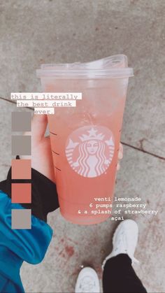 a person holding up a pink drink in front of their face with the caption that reads, this is literally the best drink