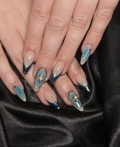 Eight Pointed Star, Dark Blue Nails, Almond Nails Designs, Blue French, Nails Halloween, Almond Acrylic Nails, Nail Essentials, Star Blue, Nail Swag