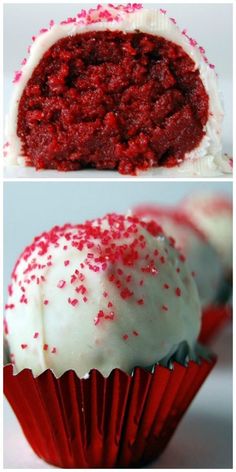 red velvet cupcakes with white frosting and sprinkles