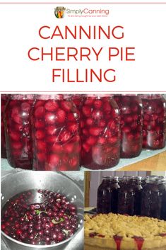 canning cherry pie filling in mason jars with text overlay reading canning cherry pie filling