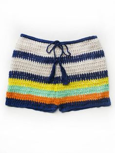 Women's Crochet Shorts | Baja Shorts | Anna Kosturova - annakosturova Hippie Multicolor Shorts For Beach, Hippie Multicolor Shorts For The Beach, Hippie Multicolor Beach Shorts, Multicolor Beachy Bottoms For Festival, Bohemian Drawstring Shorts For Beach Season, Multicolor Crochet Bottoms For Vacation, Crochet Multicolor Bottoms For Vacation, Hippie Crochet Bottoms For Beach, Multicolor Drawstring Bottoms For Beach Season