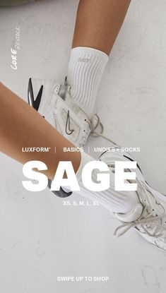 a woman's legs in white sneakers with the words sage above them and below it