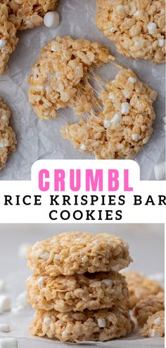 rice krispies bar cookies stacked on top of each other with marshmallows