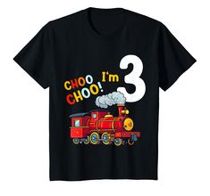 a black t - shirt with the number three on it and a train that says choo i'm 3