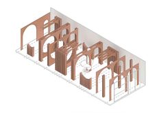 an architectural model of a building with arches and pillars in the center, on a white background