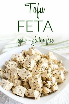 tofu feta in a white bowl with text overlay