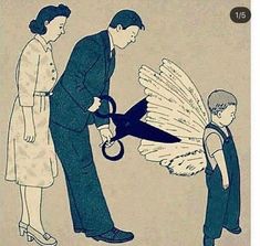 a man holding a pair of scissors next to a little boy with an angel wings on it