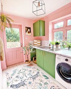 a kitchen with pink walls and green cabinetry has a potted plant on the counter