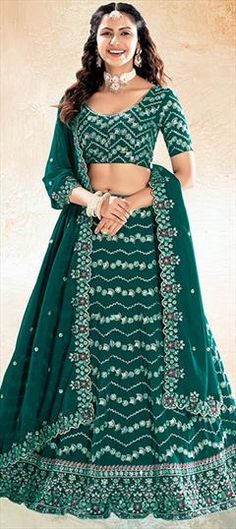 Green color Lehenga in Georgette fabric with Sequence, Thread work Green Wedding Lehenga With Motifs, Fitted Embroidered Fabric With Motifs For Wedding, Wedding Embroidered Fitted Fabric With Motifs, Green Wedding Sets With Motifs, Green Georgette Embroidered Fabric For Wedding, Elegant Green Choli With Motifs, Wedding Lehenga With Motifs In Georgette, Fitted Green Lehenga With Motifs, Wedding Choli In Georgette With Motifs