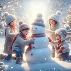 three children building a snowman in the middle of a snowy field with trees and lights