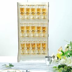 PRICES MAY VARY. Champagne Wall Holder
Display and organize your beverages in style using our 3-tiered glass holder rack. Crafted from premium quality robust wood in a stable standing structure, this wooden champagne glass holder shelf features chic rectangle shape and 15 tumblers holders in convenient 3 tiered design. Perfect for weddings, showers, birthdays, cocktail parties, and carnivals.

Wine Glass Rack
Durable in construction and easy to assemble, our sturdy wooden champagne glass holder Gin Tree Glass Holder, Wedding Shot Glass Stand, Standing Drink Shelf, Shot Glass Wall Seating Chart, Cocktail Tree Holder, Shot Glass Wall For Party, Champagne Flute Storage, Champagne Tower Table Display, Champagne Glass Holder