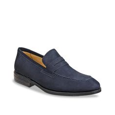 Sandro Moscoloni-Antoine Penny Loafer The Sandro Moscoloni Antoine penny loafer is an instant classic. Featuring a luxe leather upper with beautiful penny keeper detailing, this slip-on is completed with a cozy leather footbed and traction rubber outsole. Navy Slip-on Formal Loafers, Blue Loafers With Contrast Sole Slip-on, Blue Slip-on Loafers With Rubber Sole, Semi-formal Blue Leather Loafers, Navy Slip-on Loafers With Stitched Sole, Penny Loafer, Penny Loafers, Loafers Men, Dress Shoes Men