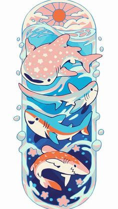 a skateboard with dolphins and fish in the ocean on it's bottom half