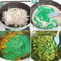 four pictures showing how to make green and white food in the same pan, including rice