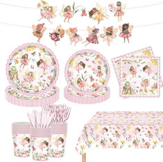 a pink fairy themed tableware set with cupcakes, plates and napkins