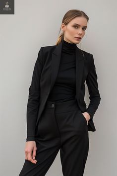 Introducing our exquisite Women's Two-Piece Black Suit with Peaked Lapel, a timeless ensemble that effortlessly blends sophistication with modern style. Elevate your wardrobe with this meticulously crafted suit that exudes confidence and refinement. The jacket features a classic peaked lapel, adding a touch of elegance to the ensemble. The tailored fit ensures a flattering silhouette, emphasizing your feminine grace while maintaining a professional edge. Crafted from high-quality black fabric, t Black Tie Suit Women, Classic Suit For Women, Black Suits For Women, Black Suit Women, Black Suit For Women, Women Wedding Suit, Women Formal Wear, Wedding Suits For Bride, Suit Set Women