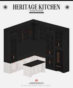 the kitchen cabinets are black and white with gold trim