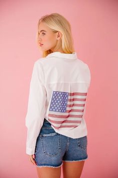 Show off your patriotism in style with our AMERICAN FLAG WHITE BUTTON DOWN! This classic white button down features a bold American flag design on the back, perfect for celebrating Memorial Day or any occasion. Show your love for your country with this unique and stylish shirt. American Flag Design, White Button Down, Stylish Shirt, Flag Design, Stylish Shirts, Classic White, Memorial Day, American Flag, In Style