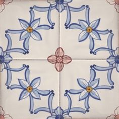 an artistic tile design with blue and pink flowers in the center, on a white background