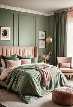 a bedroom with green walls and pink bedding in the corner, along with two chairs