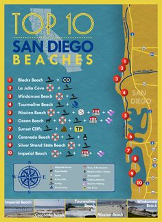 the top 10 san diego beaches map is shown in blue and yellow with red dots