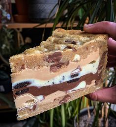 a hand holding a piece of cake with chocolate and cream on it in front of some potted plants