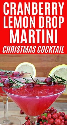 the cranberry lemon drop martini is garnished with rosemary