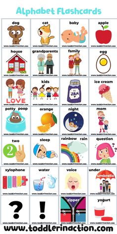 an alphabet flashcard with pictures and words