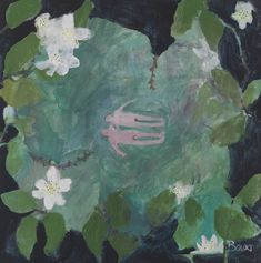 a painting with white flowers and green leaves in the center, on a black background