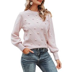 Women's Crew Neck Lantern Sleeve Sweater Pullover Elegant Knit Jumper Top. Size 4-6 Tops Fall Outfits, Pom Pom Sweater, Fall Sweaters For Women, Lantern Sleeve Sweater, Preppy Sweater, Long Puff Sleeves, Chunky Knits Sweater, Lantern Sleeve, Casual Sweaters