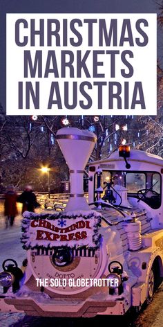 a white train with the words christmas markets in australia on it