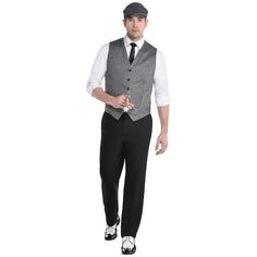 Buy the Roaring 20's Adult Costume at Michaels. com. Dance the night away with this Roaring 20's Costume. This stylish costume features a white shirt with attached grey vest and black tie as well as matching hat. Dance the night away with this Roaring 20's Costume. This stylish costume features a white shirt with attached grey vest and black tie as well as matching hat. Pocket watch, pants, and shoes not included. Details: Gray Adult standard size (one size fits most adults) Includes shirt with 1920s Great Gatsby Fashion Men, Roaring 20s Mens Costume, The Great Gatsby Costumes Men, The Great Gatsby Men Outfits, 20s Costume Men, Roaring 20s Party Outfit Men, Great Gatsby Party Outfit For Men, Roaring 20s Party Outfit Mens, 1920s Fashion Male