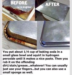 there are four pictures showing how to make a baking dish in a metal pan and then put it on the stove