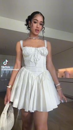 White Corset Outfit Classy, Graduation Dresses Aesthetic, Corset Traditional Dress, Short White Corset Dress, Short Dresses Casual Summer Cute Outfits, Short Sundress Outfits, White Grad Dress Graduation, Concert Dress Outfit Night, White Corset Dress Short