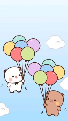 two bears are flying with balloons in the sky