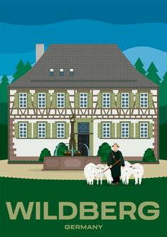 a poster for the movie wildbergg featuring a man with two dogs in front of a house