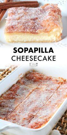 this is an image of a dish of sopapilla cheesecake with cinnamon sticks