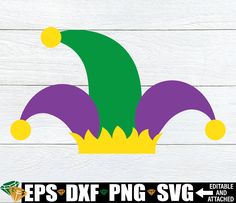 a purple and green clown's hat cutout on a white wood planks background