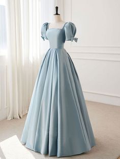 Prom Dresses Long Square Neck, Tea Length Dresses Formal Sleeve, Long Satin Dress With Sleeves, Modern 1800s Fashion, Blue Victorian Dresses, Prom Dresses With Puffy Sleeves, Poofy Sleeves Dress, Cute Puffy Dresses, Blue Prom Dress Aesthetic