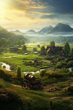 a horse drawn carriage traveling through a lush green countryside next to a river under a cloudy sky